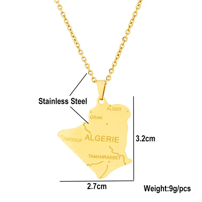 Afrique Algérie Carte Ville Pendentif Collier En Acier Inoxydable Couleur Or Hommes Femmes Algerie P