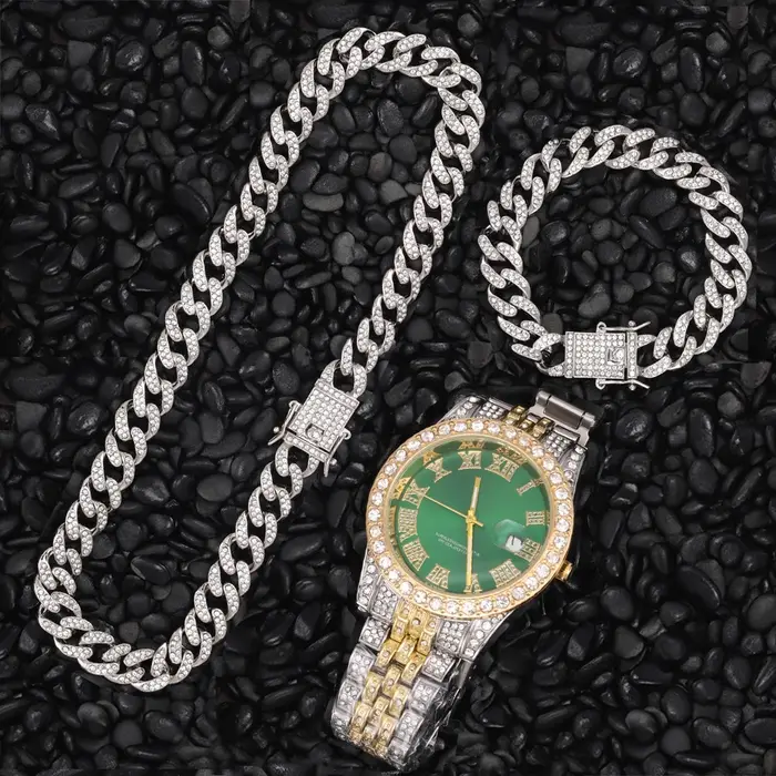 Collier + montre + Bracelet Hip Hop Miami gourmette chaîne cubaine or glacé pavé strass CZ Bling rappeur pour hommes bijoux 20 pouces