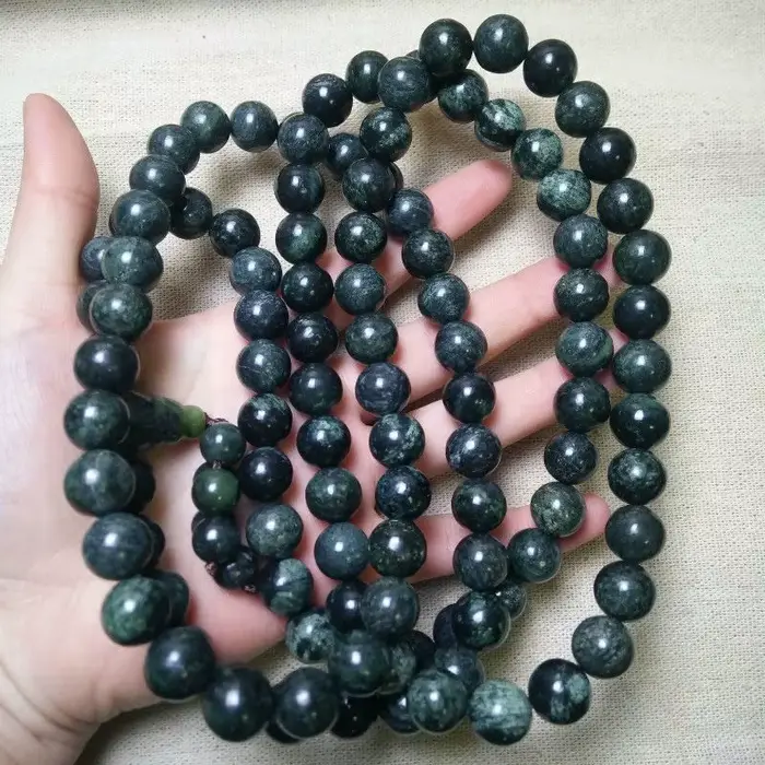 Collier de jade tibétain naturel, chaîne de perles en pierre du roi médicinal, jade vert foncé, bijoux de style ethnique.