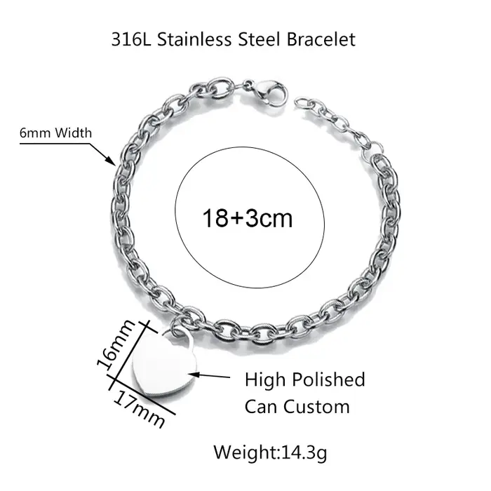 Bracelet en acier inoxydable en forme de cœur gravé personnalisé avec nom ou photo pour hommes et femmes occasions spéciales