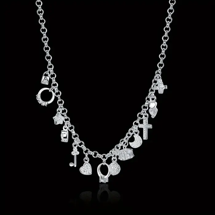 Breloques 925 en argent sterling 45 cm 18 pouces chaîne collier pendentif multi-éléments pour femmes hommes dame mode croix/lune/étoiles/serrure/clé