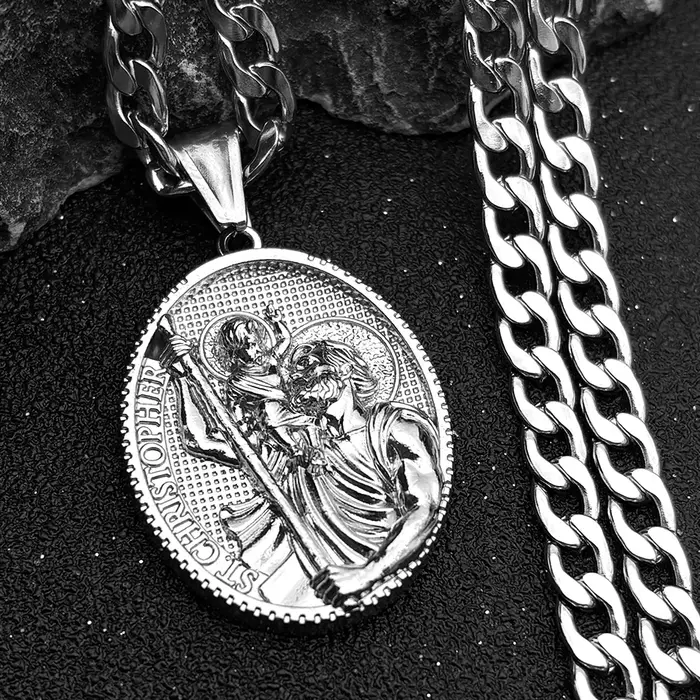 ST.Christopher protéger nous médaille collier pour hommes Saint Christopher acier inoxydable plaqué 