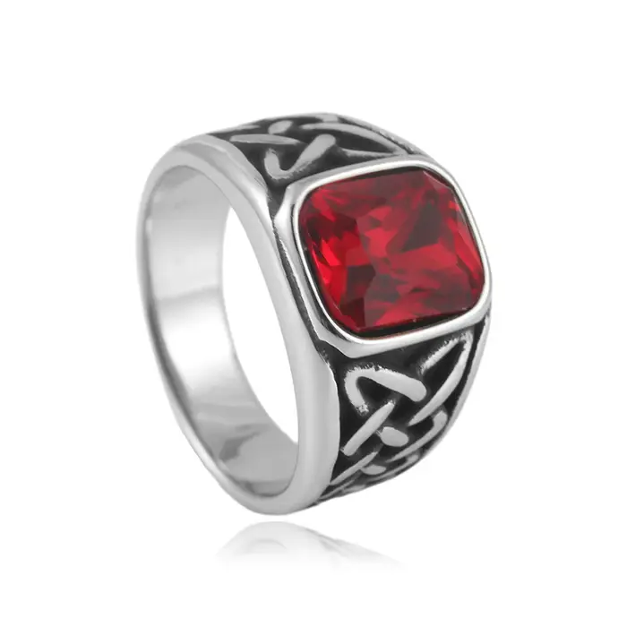 Punk Vintage carré rouge pierre chevalière anneaux pour hommes femmes en acier inoxydable nordique Vikings noeud Rune anneau mode bijoux en gros