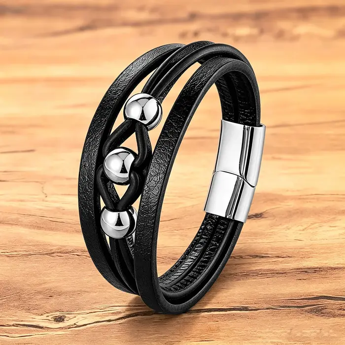 Bracelet en cuir pour homme – Cuir tressé noir multi-couches