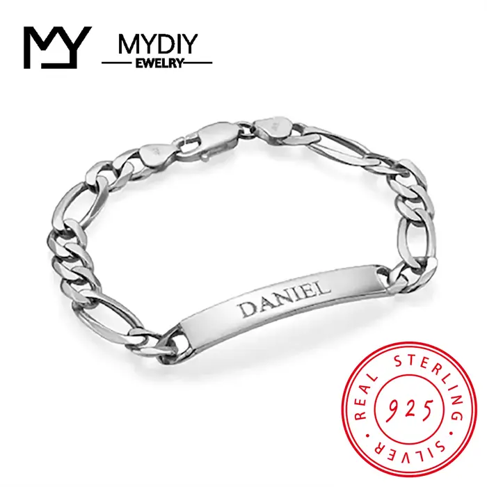 Bracelet d'identification personnalisé en argent sterling 925 pour hommes, gaufrage de nom personnal