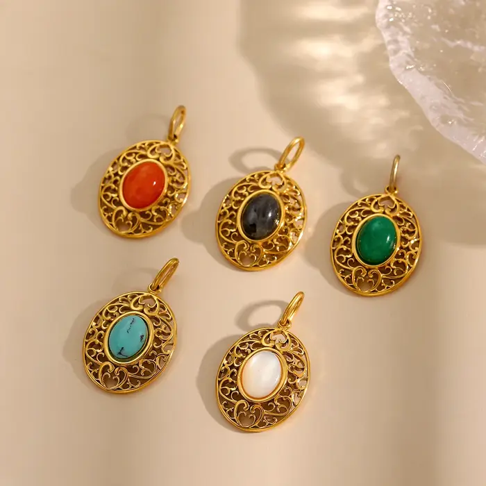 CARLIDANA nouveau géométrique rond ovale pierre naturelle Turquoise acier inoxydable plaqué or pendentif collier étanche bijoux à bricoler soi-même