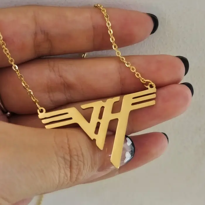 VH Charm Eddie Pendentif en acier inoxydable plaqué or 18 carats Van Halen Logo Mena Collier 1980 Cl
