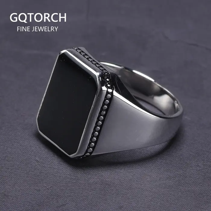 Bague en argent Sterling 925 massif pour hommes, Simple, avec pierre de Gel plate carrée noire, haut