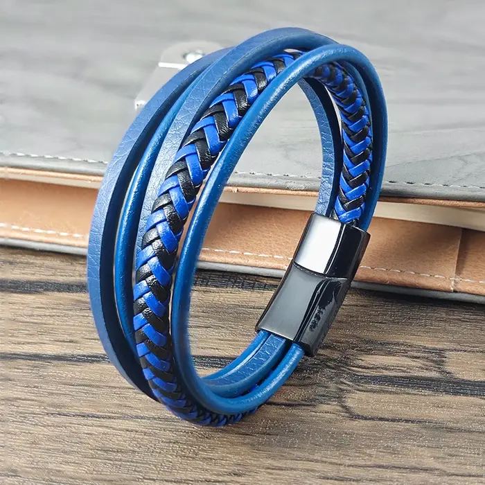 Bracelet vintage multicouche en cuir bleu et acier inoxydable pour homme