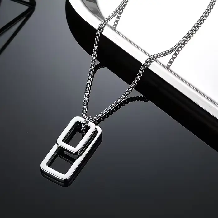 Collier pendentif rectangulaire géométrique double en acier inoxydable, bijou minimaliste moderne unisexe pour tenue décontractée et formelle V