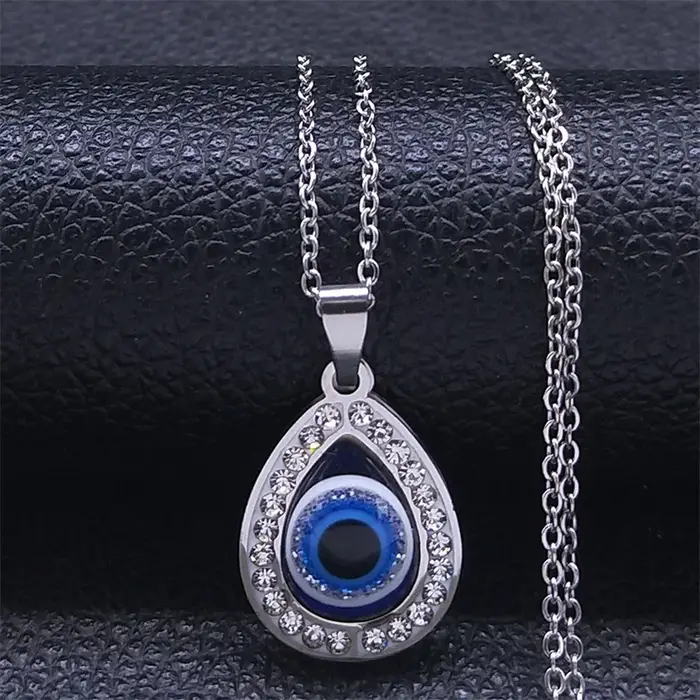 Collier mauvais œil turc en acier inoxydable, couleur argent, yeux porte-bonheur bleus, goutte d'eau
