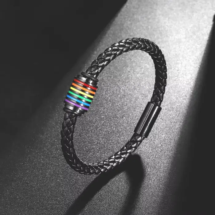 Bracelet tendance en cuir tressé avec perles arc-en-ciel