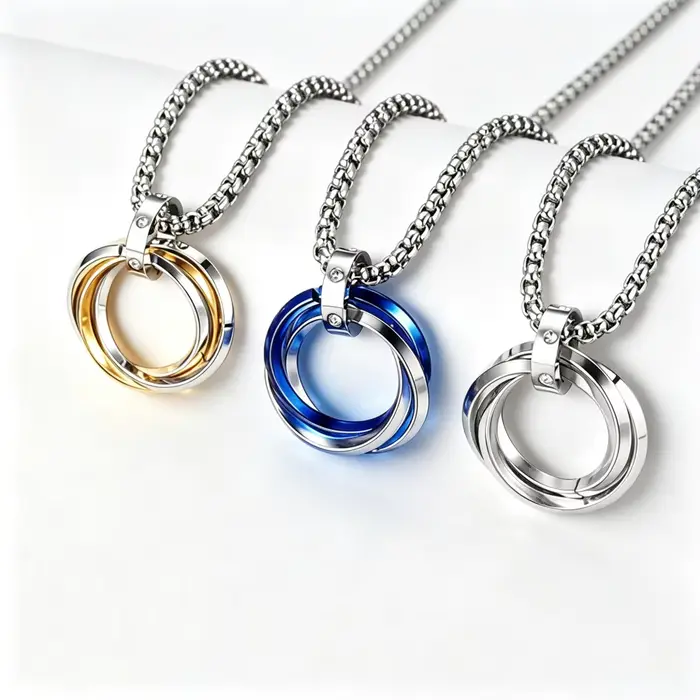 Collier 60CM pour Homme Hip-hop, Pendentif en Acier Titane à Trois Anneaux, Inaltérable, Simple, Raffiné, de Marque, au Design Minimaliste