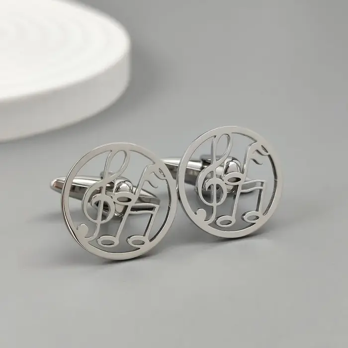 Nouveau - Boutons de manchette en acier inoxydable plaqué or 18 carats : note et clé triple, design 