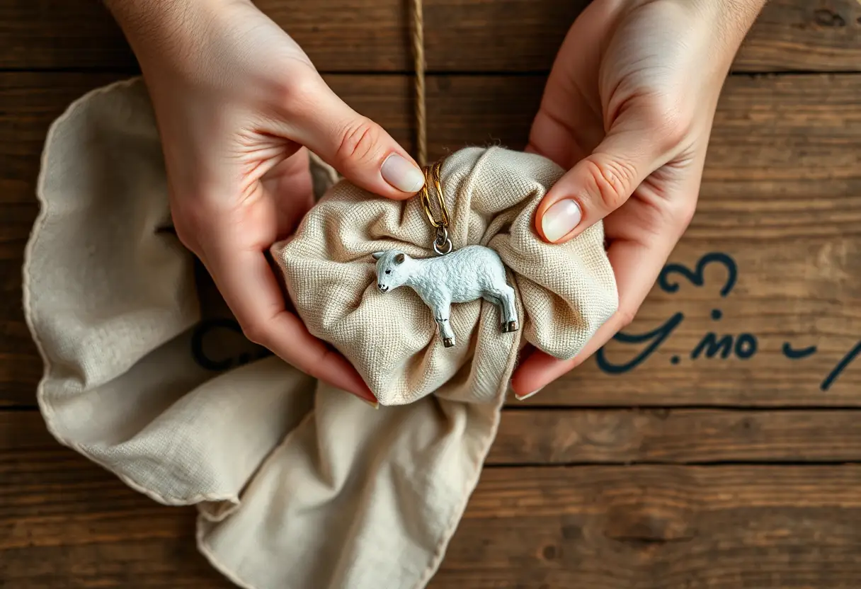 Des mains enveloppant délicatement un pendentif en forme d'agneau dans un tissu beige sur une table en bois