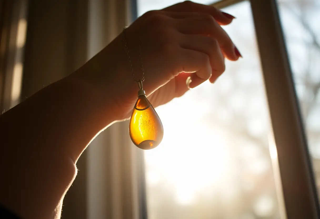 Main de femme tenant un collier d'ambre
