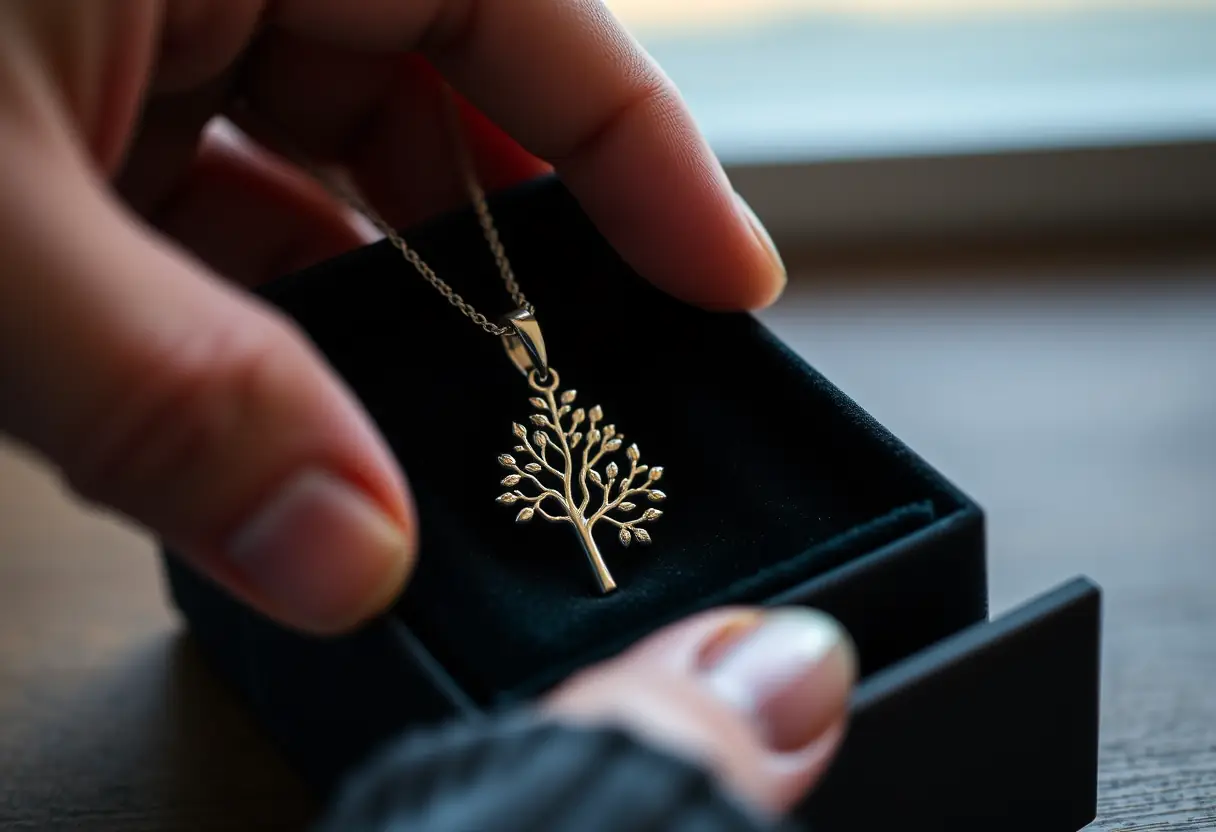 Une main déposant délicatement un pendentif d'arbre de vie en argent dans une boîte à bijoux en velours noir