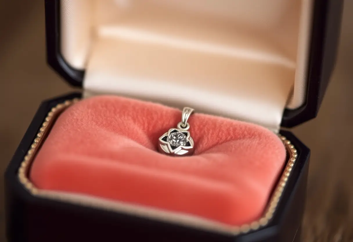Un compartiment intime d'une boîte bijoux de luxe, garni de velours doux, contenant un pendentif en argent
