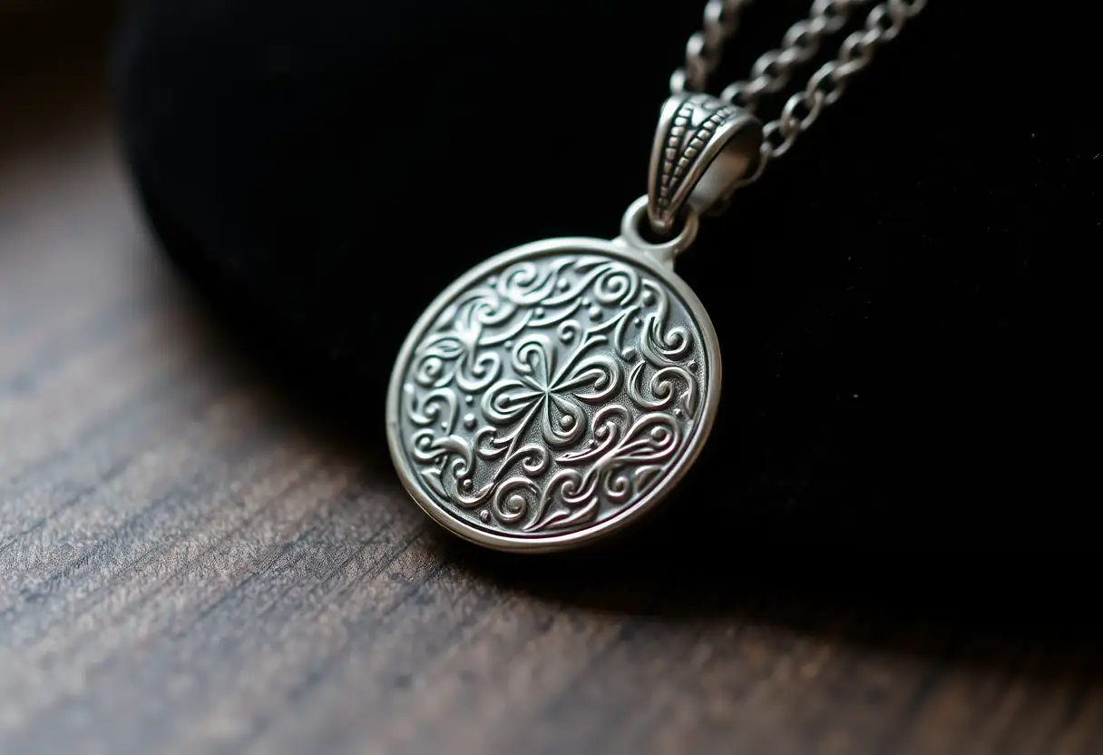 Un pendentif en argent finement gravé sur fond de velours noir