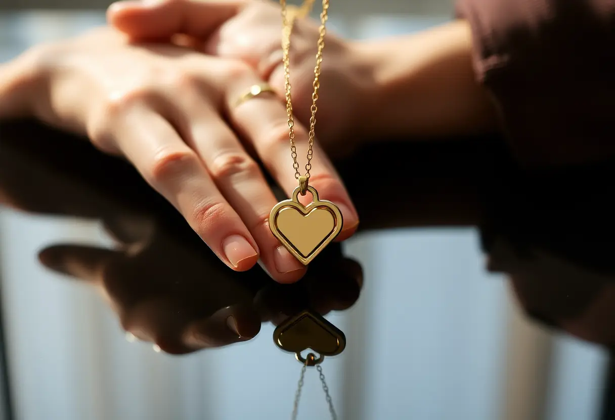 Main tenant un collier en or avec pendentif cœur, texte alternatif en français