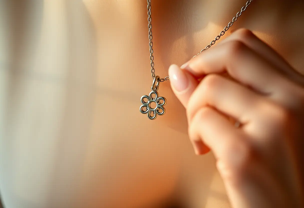Charme en forme de fleur posé sur une chaîne de collier