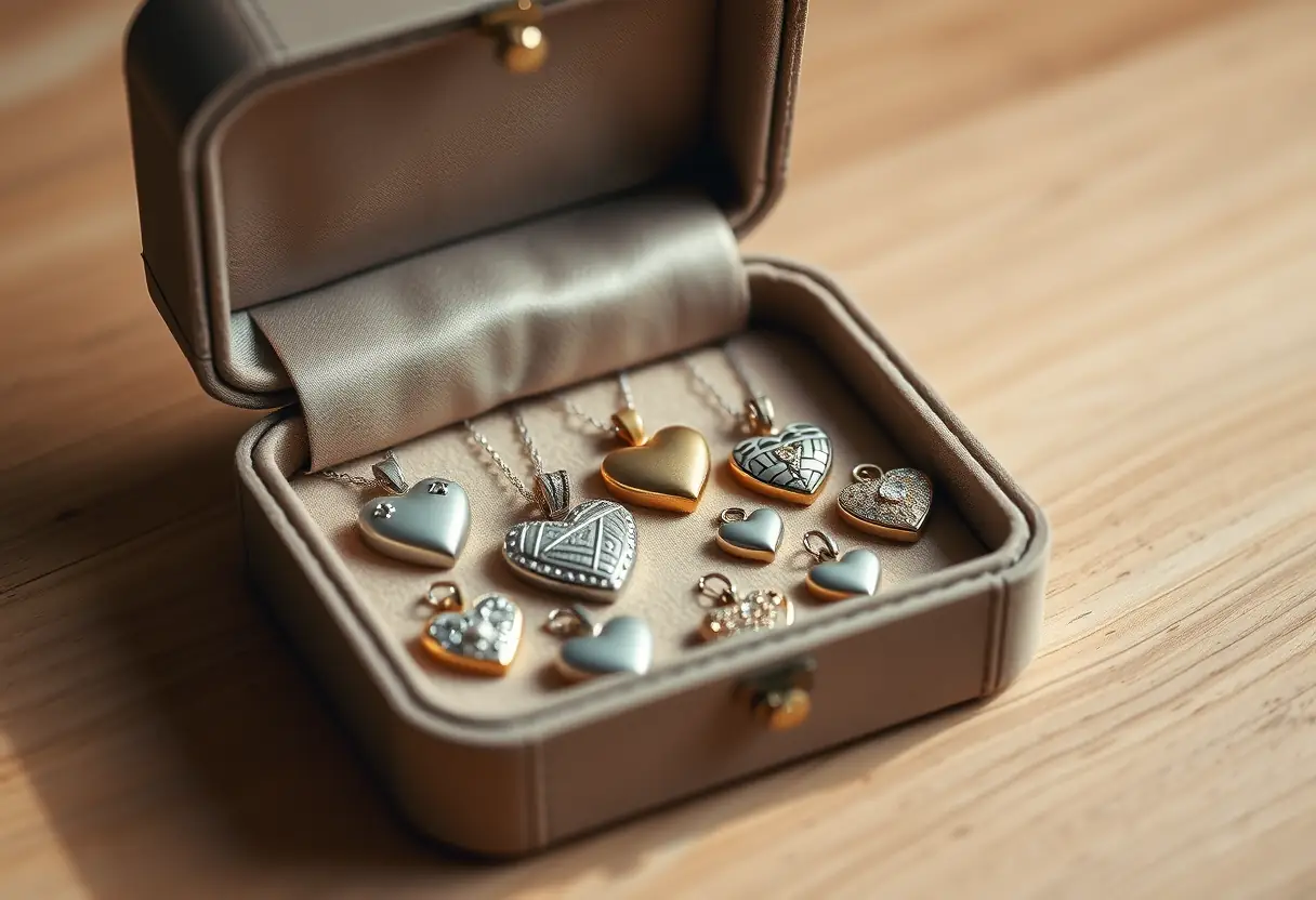 Boîte à bijoux contenant des pendentifs cœur