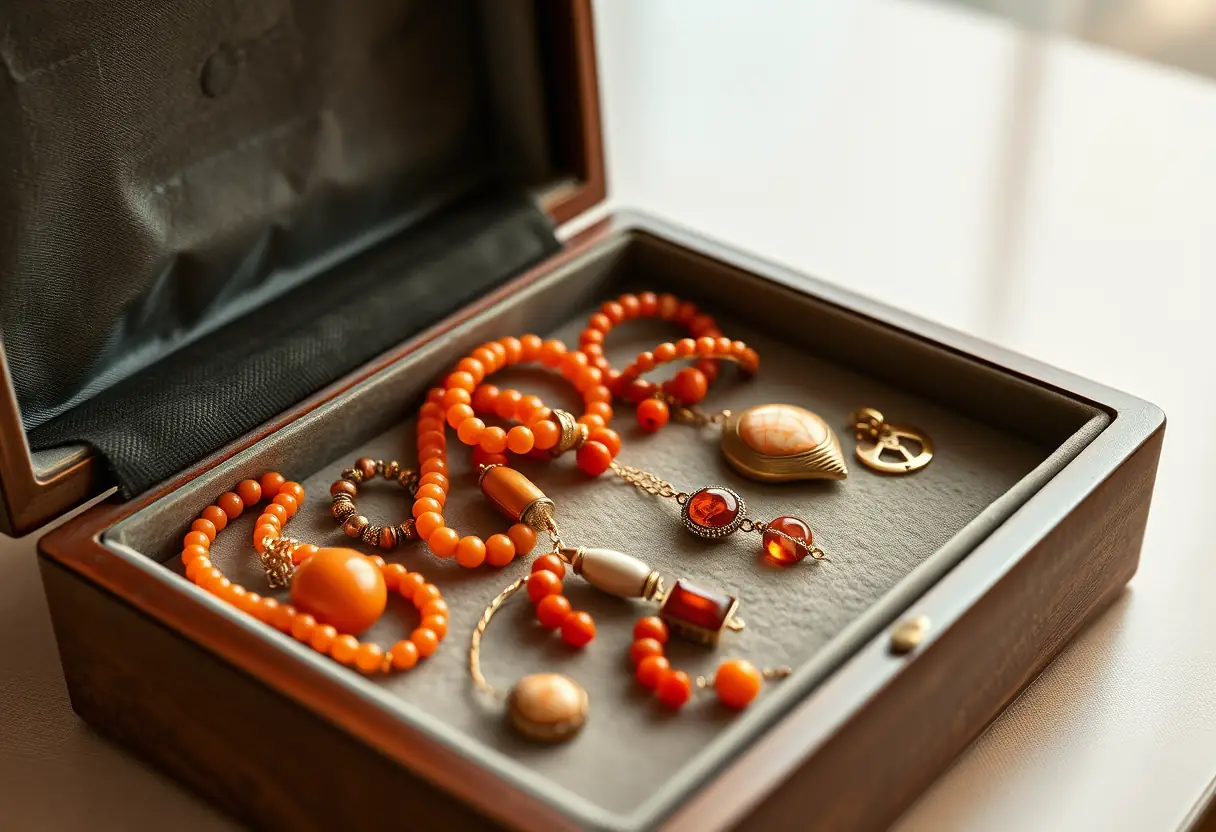 Boîte à bijoux ouverte montrant des perles et pendentifs de corail