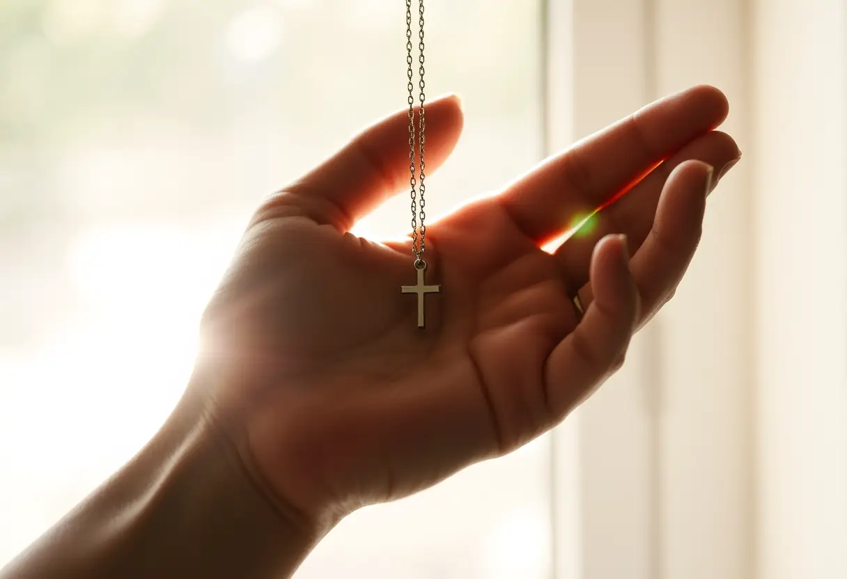 Main tenant une croix pendentif en argent fin