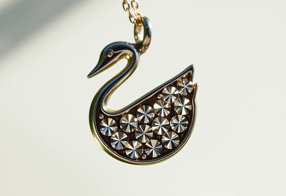 Cristaux Swarovski réfléchissant la lumière sur un pendentif cygne
