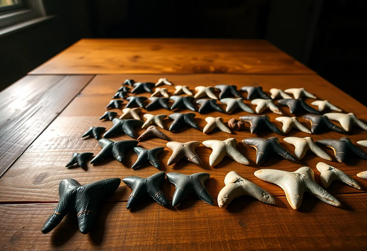 Des dents de requin disposées sur une table en bois