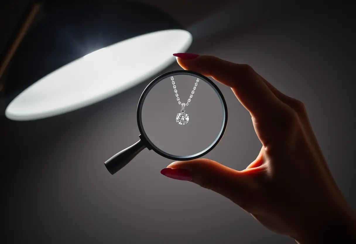 Main tenant une loupe pour examiner un collier de diamants, en atelier de joaillerie