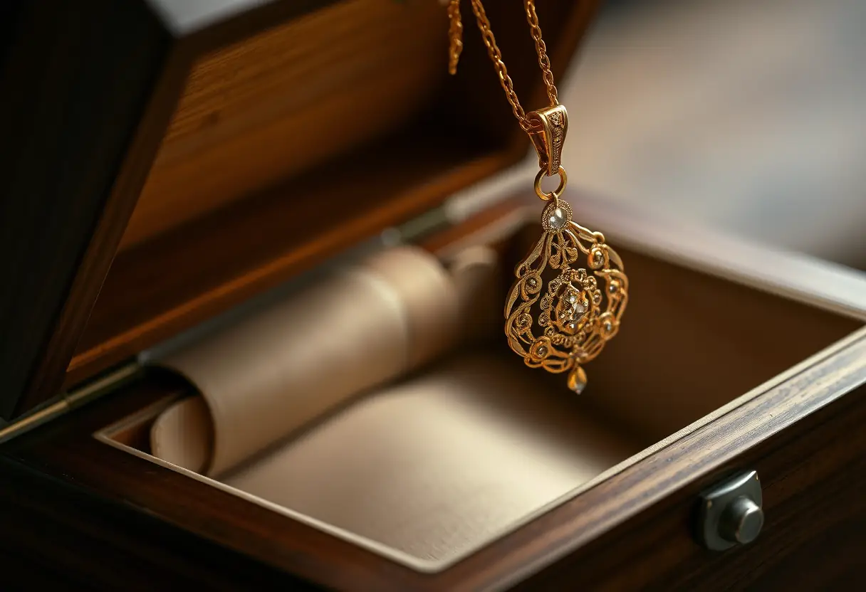 Pendentif en or suspendu d'une boîte à bijoux en bois