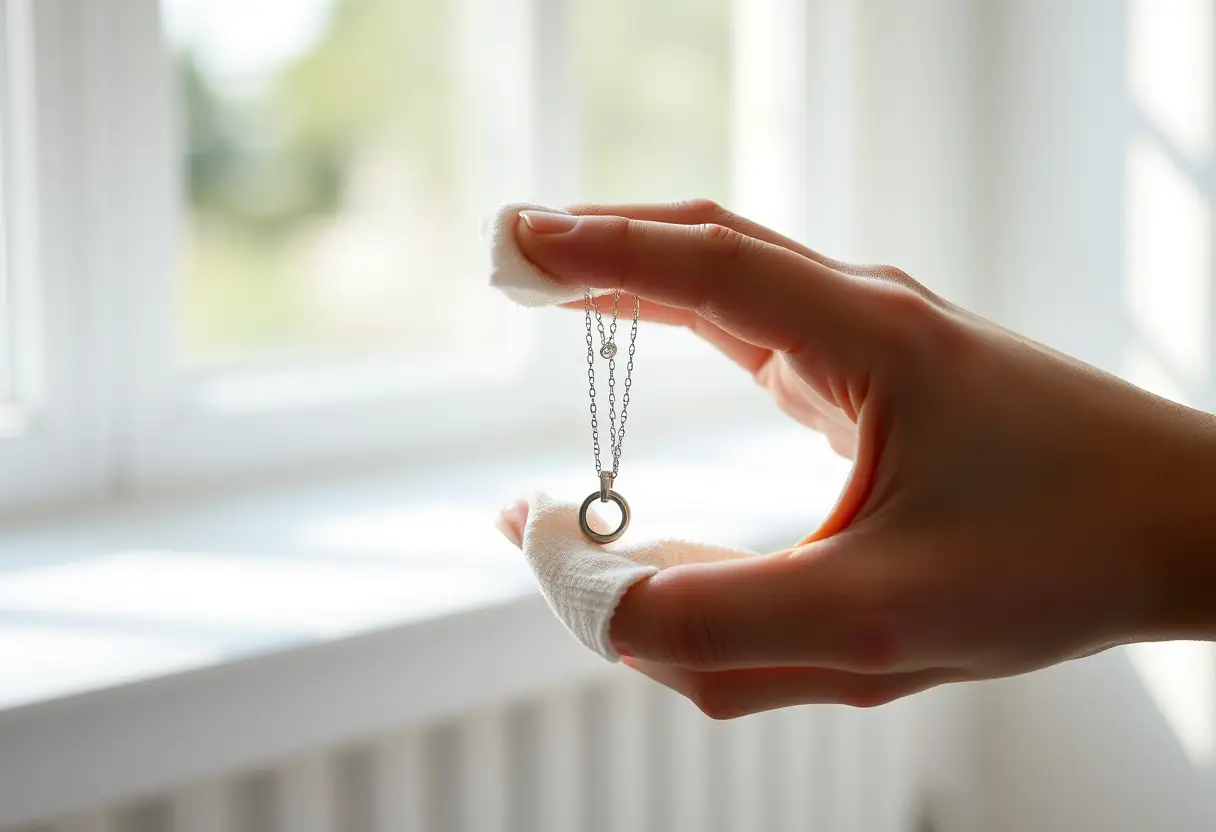 Main de femme nettoyant délicatement un collier en argent