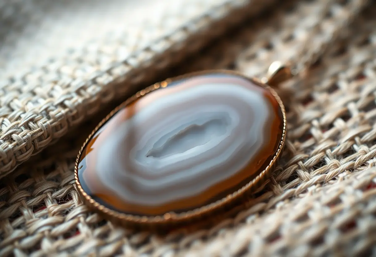 Collier d'agate sur tissu, lumière naturelle