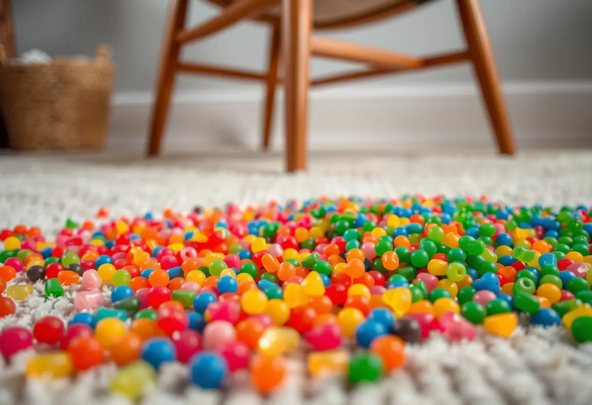 Perles de caoutchouc colorées éparpillées sur un tapis doux près d'une chaise en bois