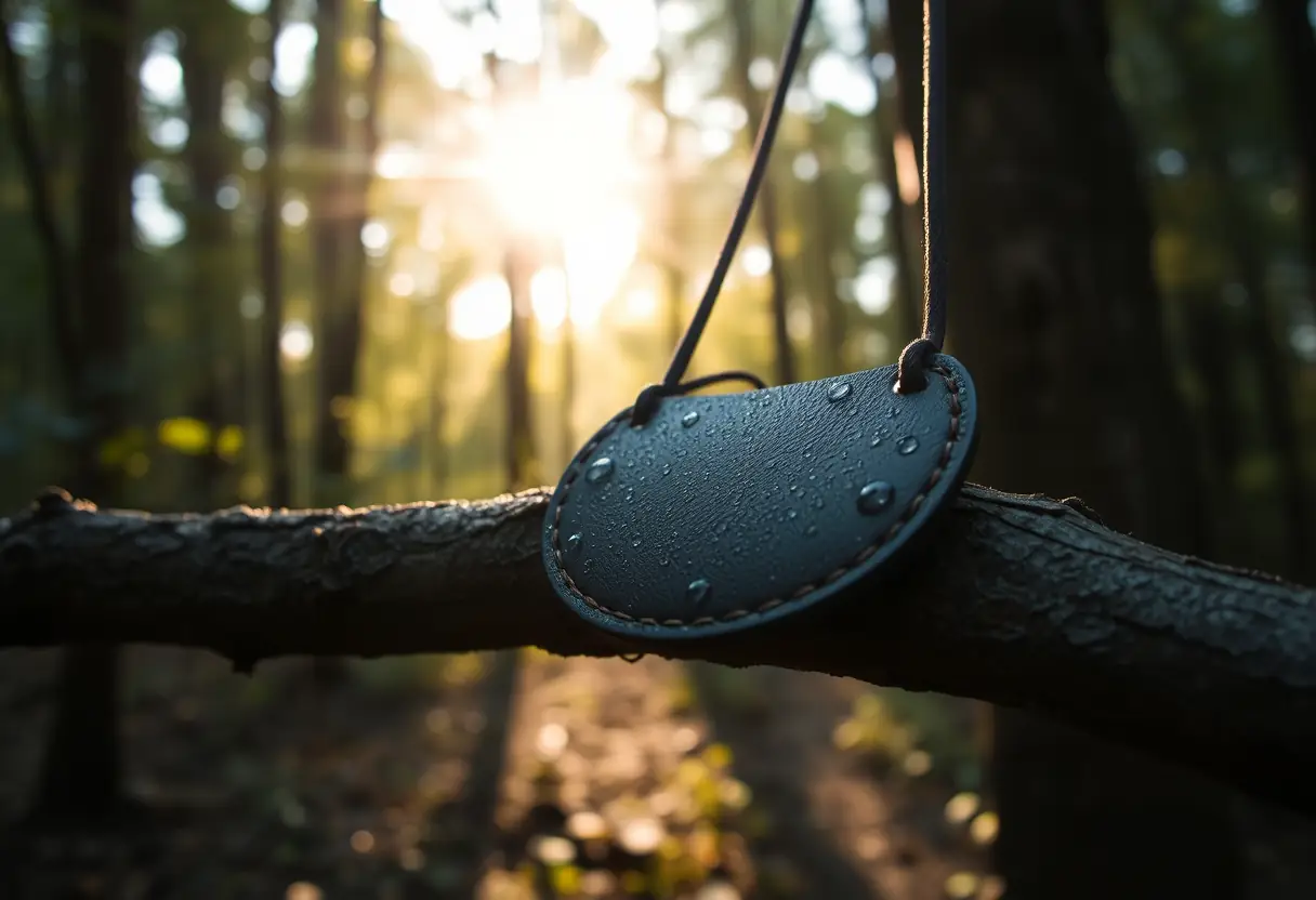 Collier en cuir suspendu à une branche, résistance aux conditions estivales