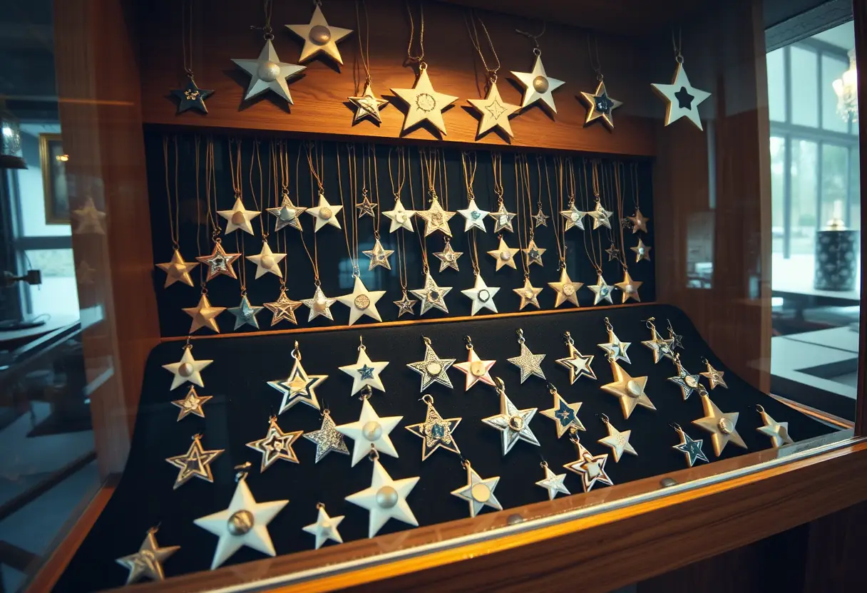 Vue large d'un meuble de présentation rempli de pendentifs étoiles de divers styles