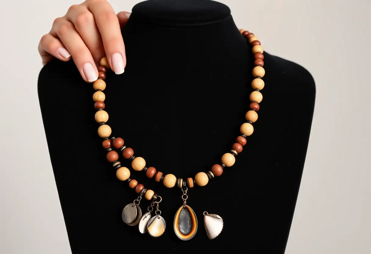 Une main posant délicatement un collier fantaisie sur un support de présentation