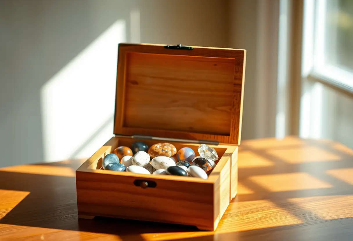 Une boîte à bijoux en bois avec des pierres précieuses à l'intérieur