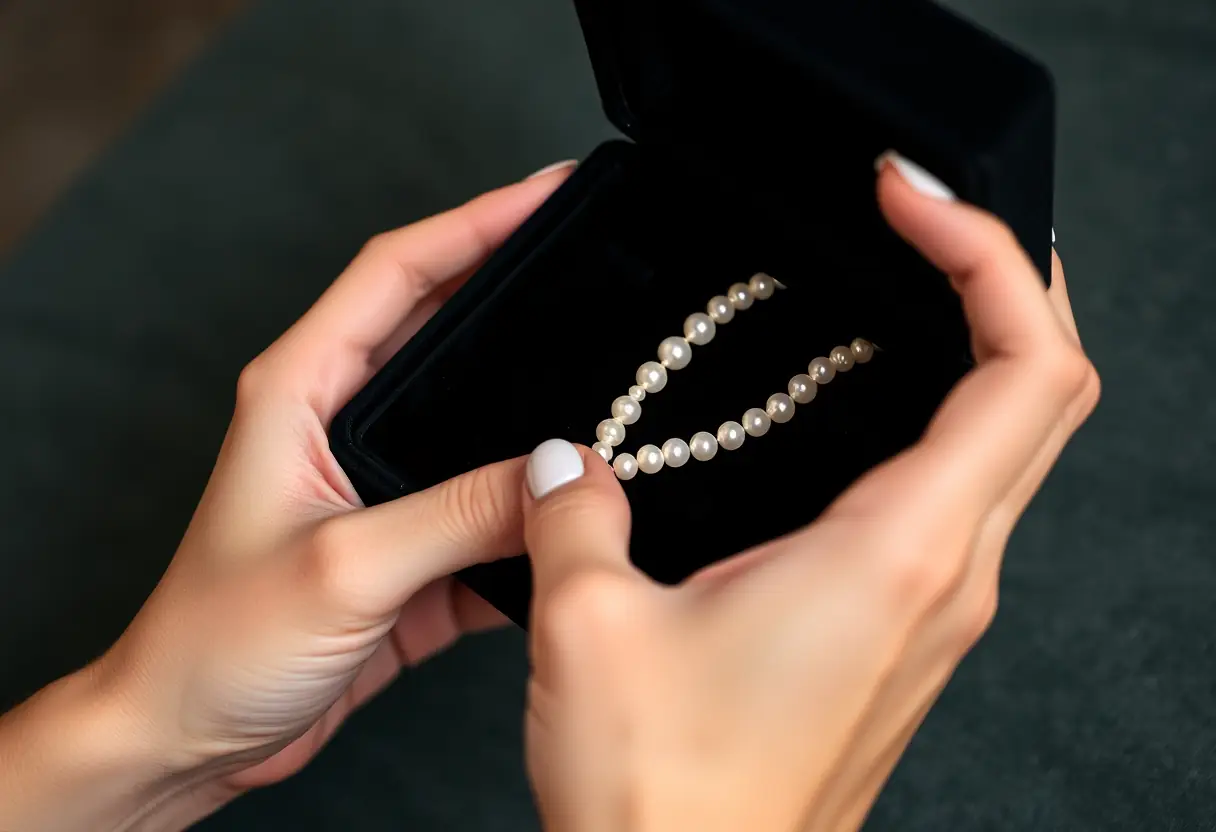 Main déposant délicatement un collier de perles dans une boîte en velours