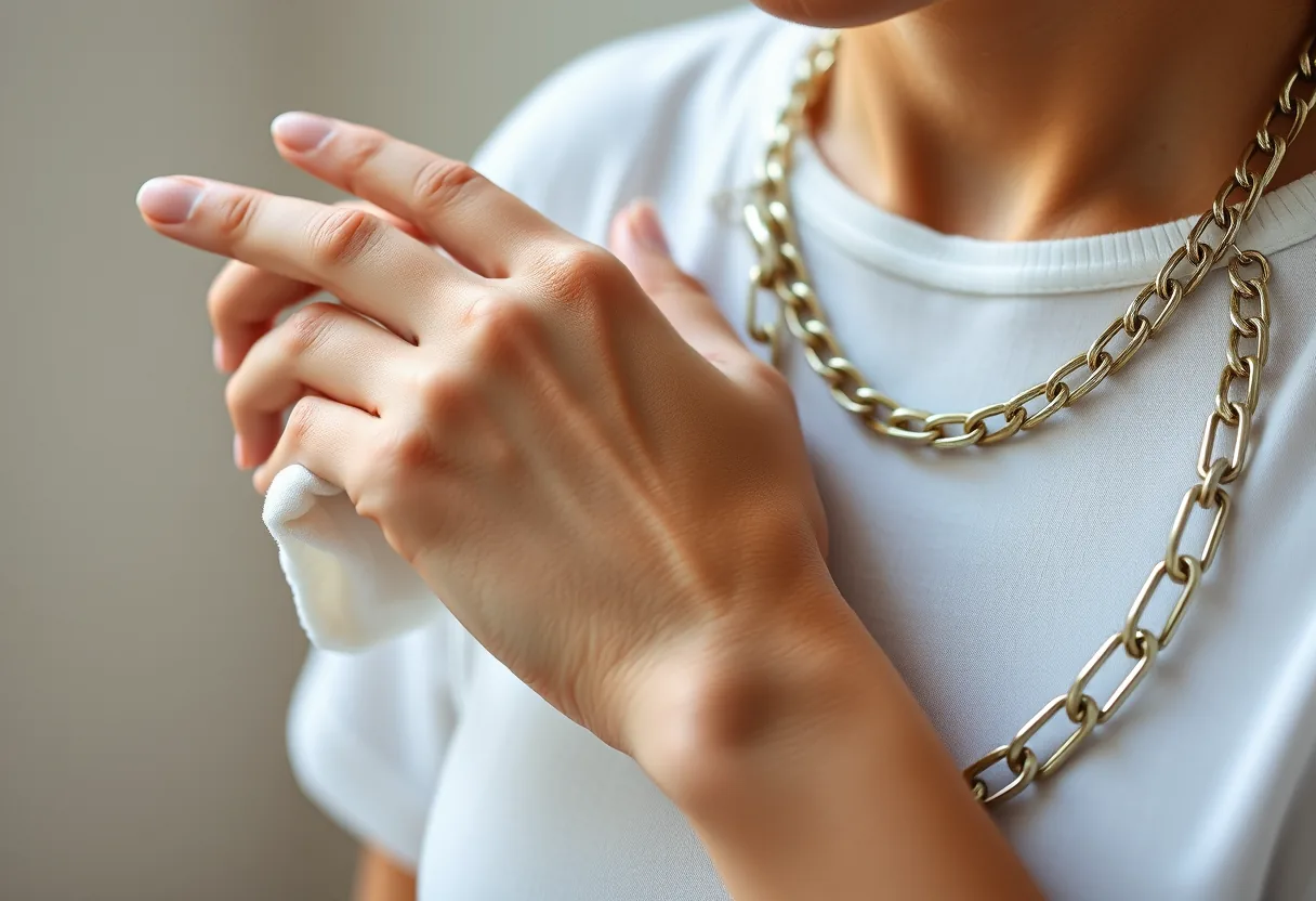 Une main féminine nettoyant délicatement un collier en chaînes massives avec un chiffon doux