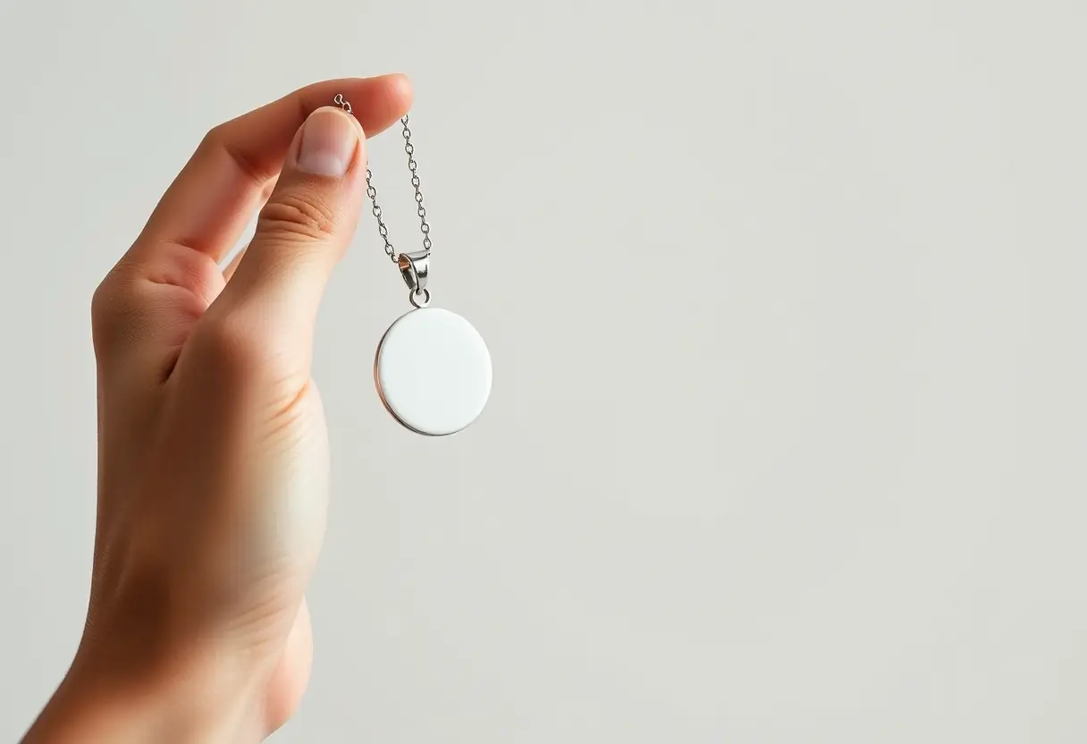 Une main tient un pendentif en argent simple