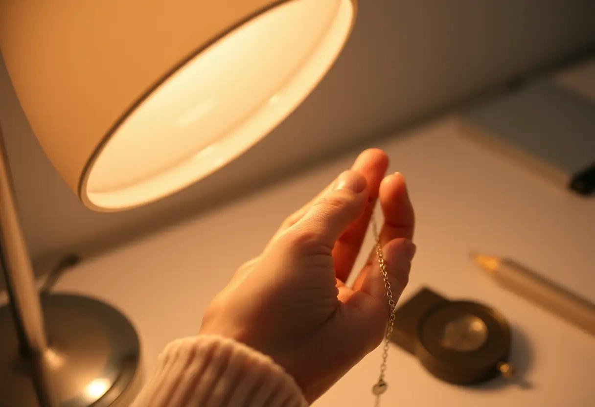 Main de femme polissant délicatement une chaîne en argent