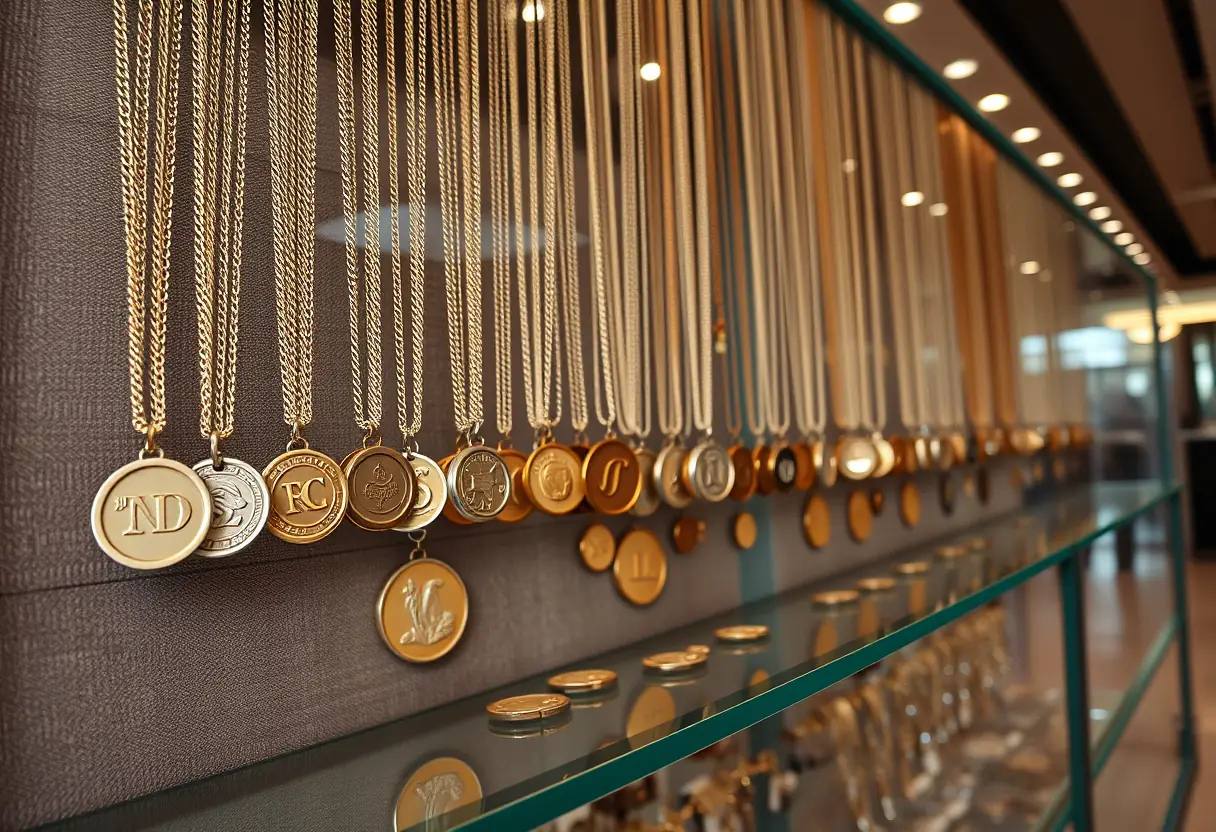 Un étalage de pendentifs médaillons dans un magasin de joaillerie
