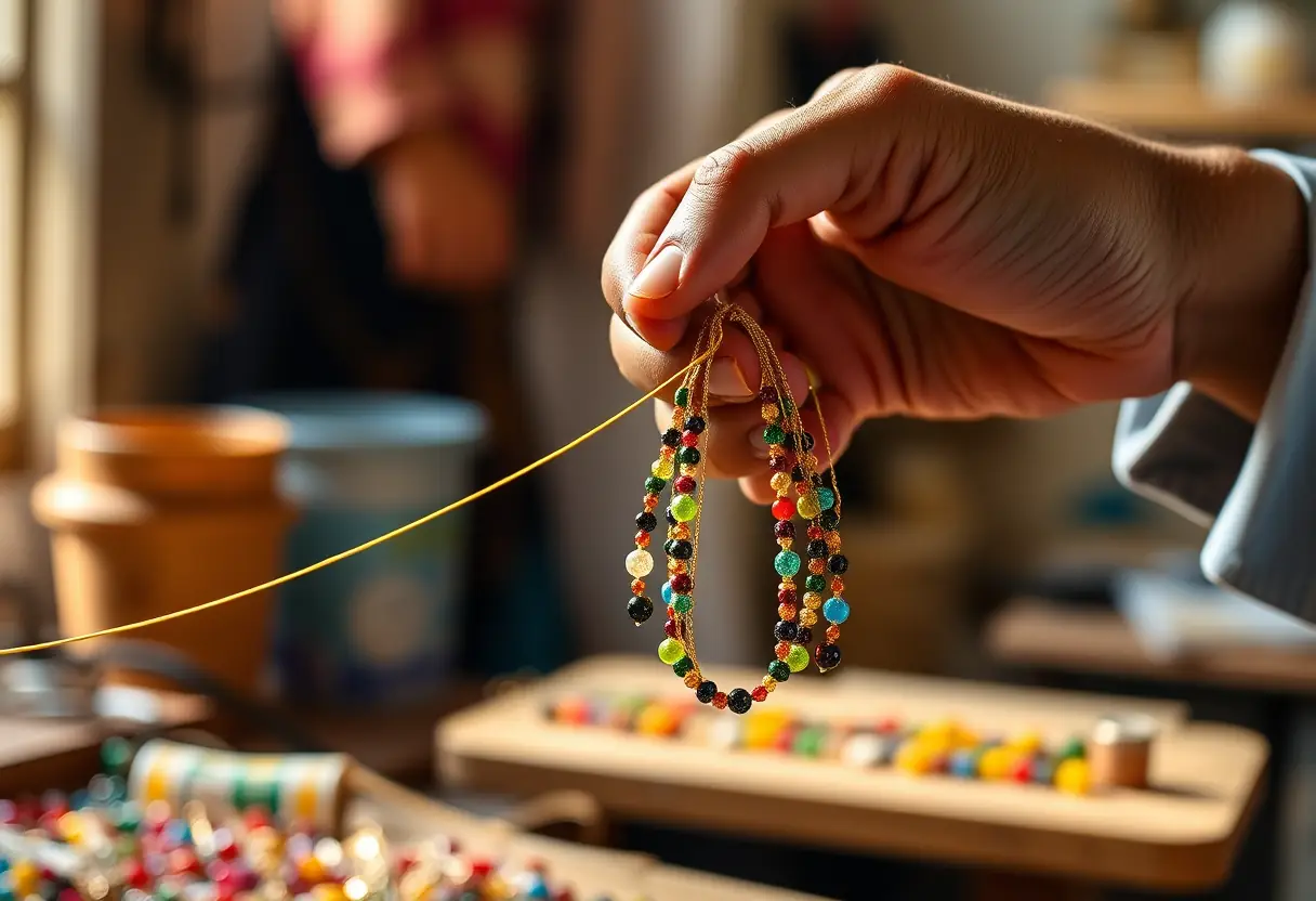 Main d'artisan créant un collier multicolore