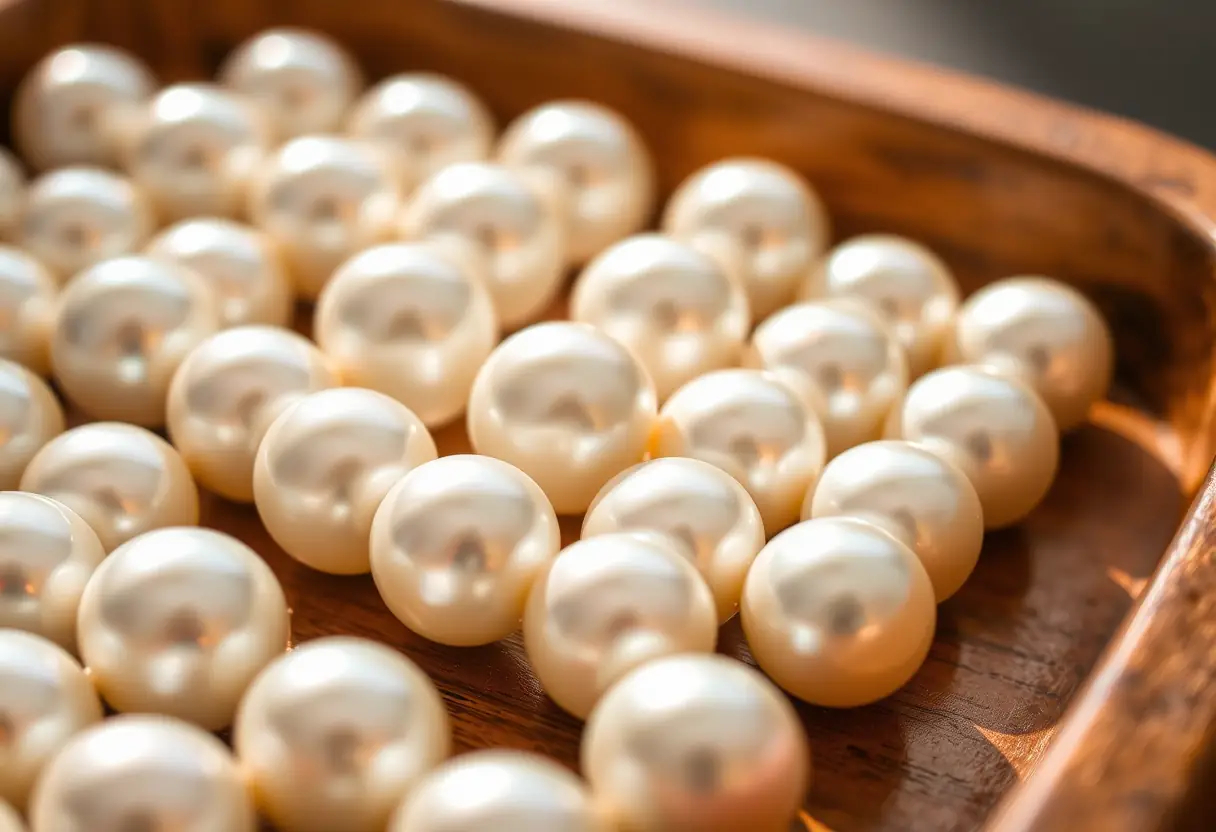 Perles rangées sur plateau en bois