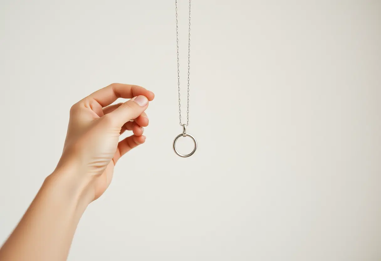 Main de personne tenant un collier en argent simple