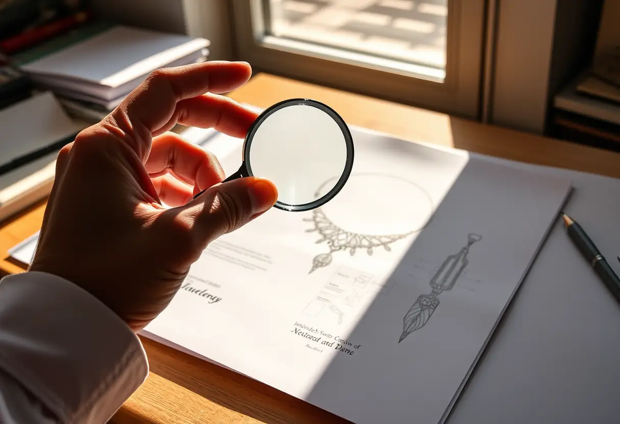 Main dorfèvre tenant une loupe au-dessus d'un dessin de collier, lumière naturelle