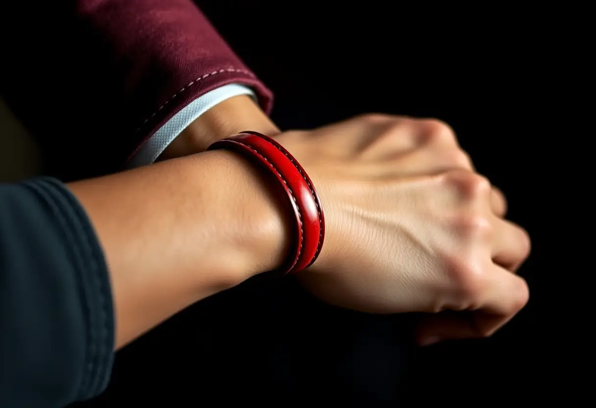 Une main ajuste un bracelet en cuir rouge sur un poignet, la lumière naturelle souligne la texture du cuir