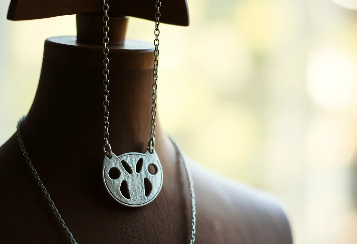 Plan rapproché d'un collier sautoir en argent massif sur un support en bois